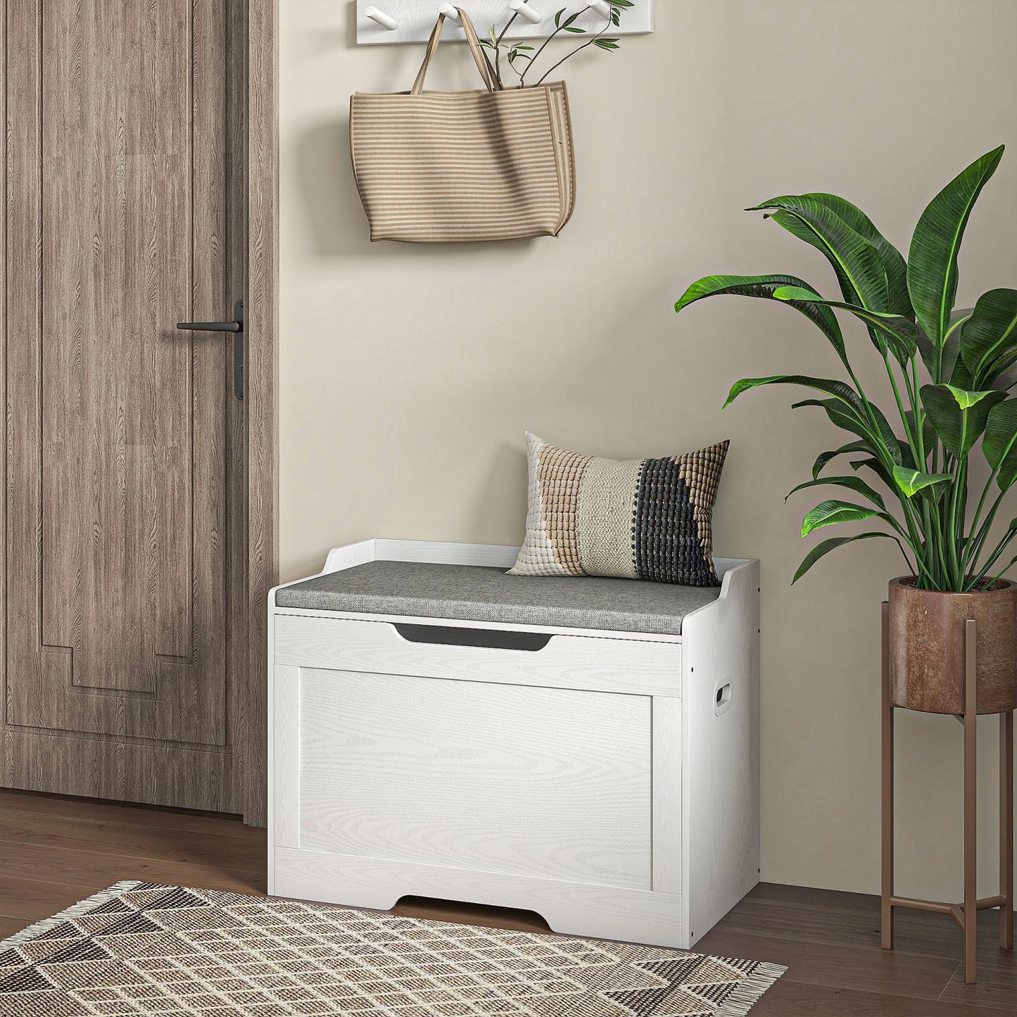 103 Liter Aufbewahrungstruhe, Stauraum-Sitzbank mit Sicherheitsscharnier, Sitzkissen, für verschiedene Zimmer, Weiß