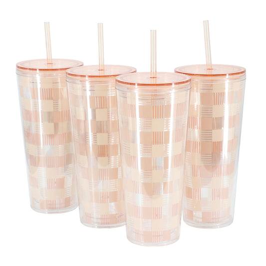 Mr. Coffee Modern Euphoria 4 Piece 23 Ounce Plastic Tumbler with Straw and Lid Set in Pink