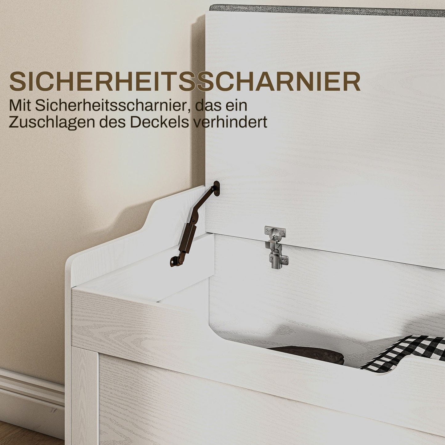  103 Liter Aufbewahrungstruhe, Stauraum-Sitzbank mit Sicherheitsscharnier, Sitzkissen, für verschiedene Zimmer, Weiß