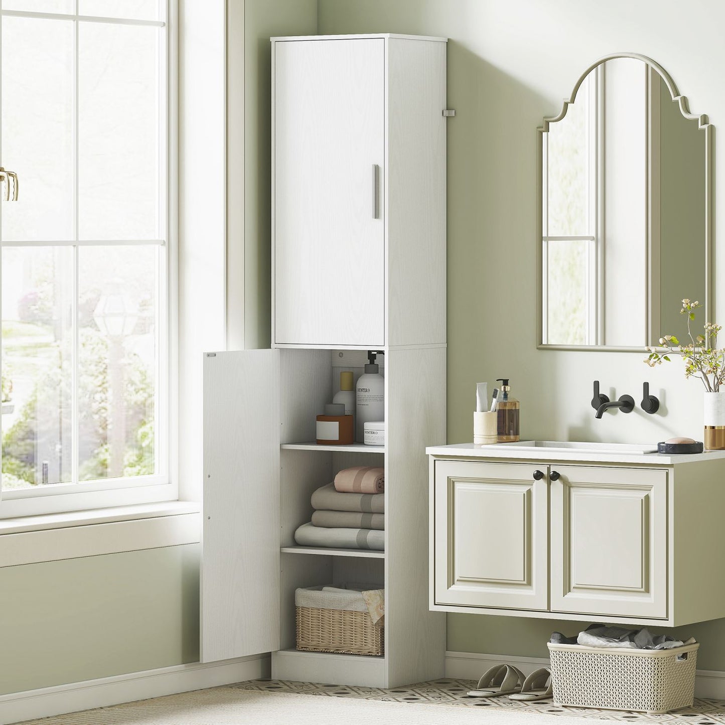  180 cm hoher Badezimmerschrank, schmaler Badschrank mit 2 Türen, 4 verstellbare Regale, Spanplatte, MDF, Weiß