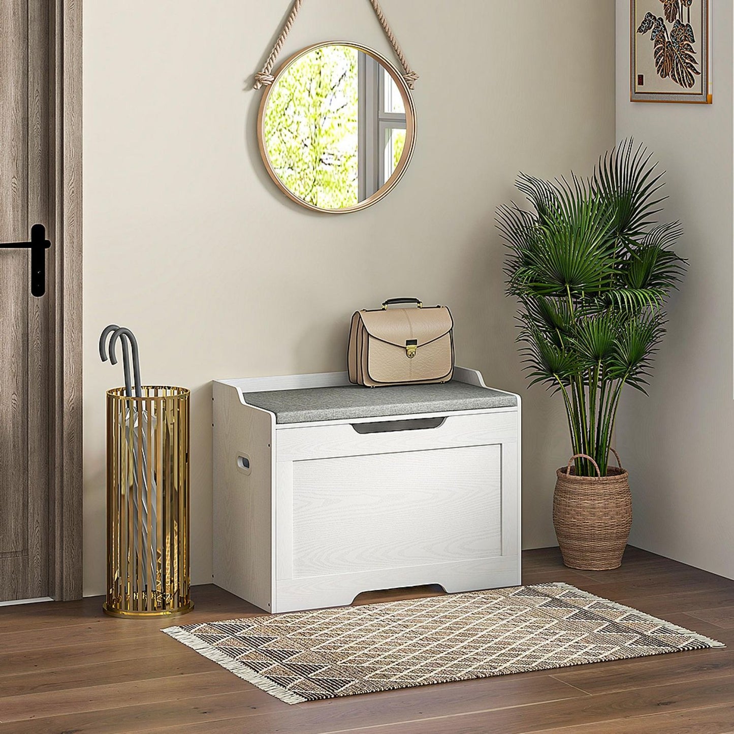  103 Liter Aufbewahrungstruhe, Stauraum-Sitzbank mit Sicherheitsscharnier, Sitzkissen, für verschiedene Zimmer, Weiß