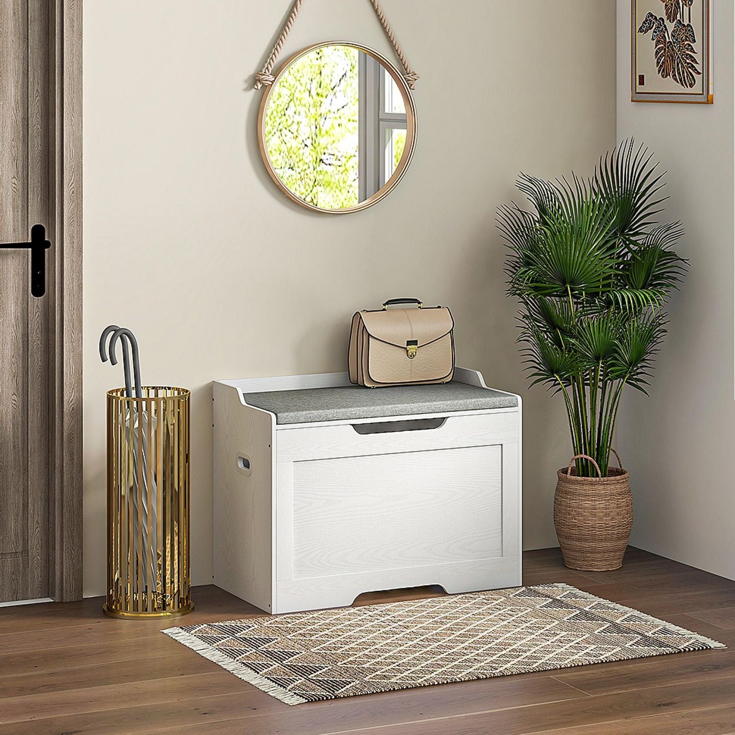  103 Liter Aufbewahrungstruhe, Stauraum-Sitzbank mit Sicherheitsscharnier, Sitzkissen, für verschiedene Zimmer, Weiß