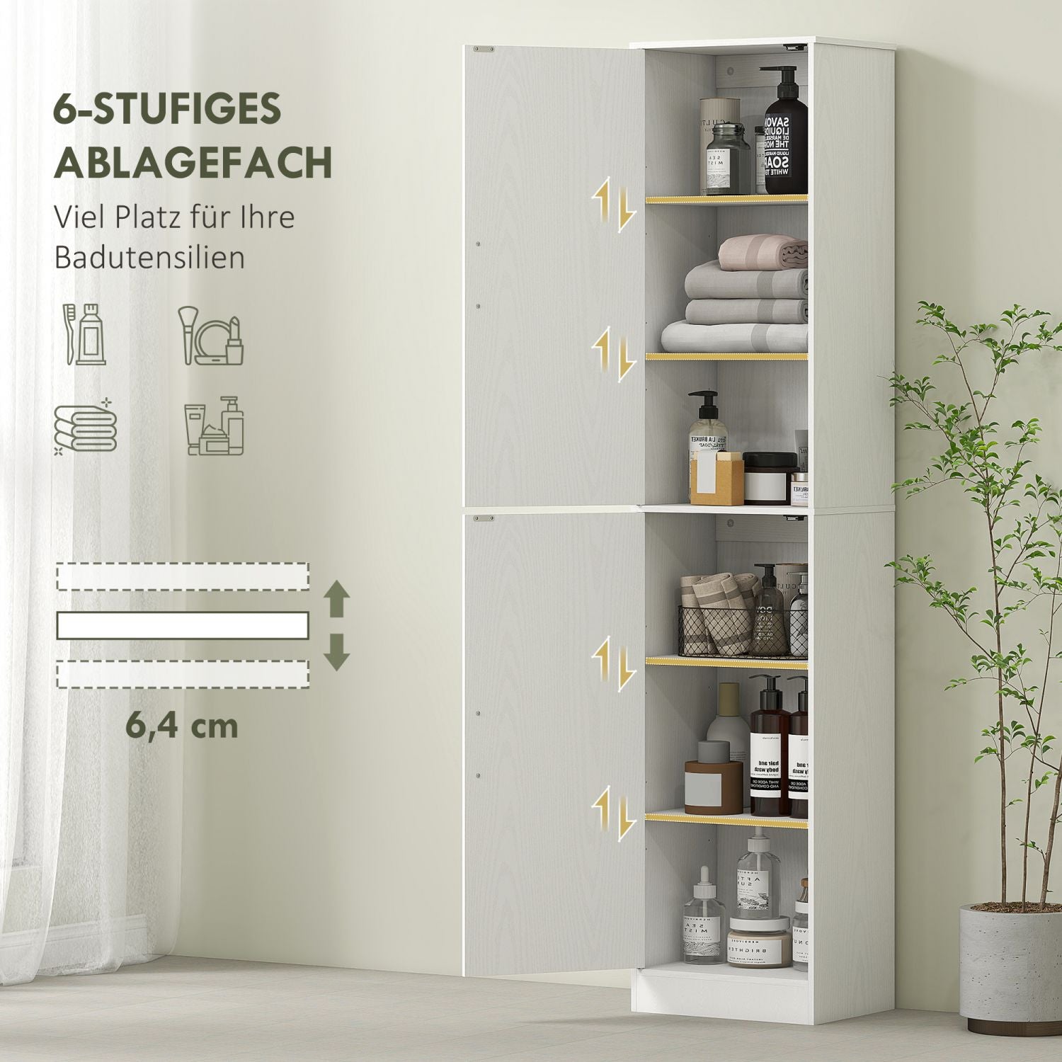  180 cm hoher Badezimmerschrank, schmaler Badschrank mit 2 Türen, 4 verstellbare Regale, Spanplatte, MDF, Weiß