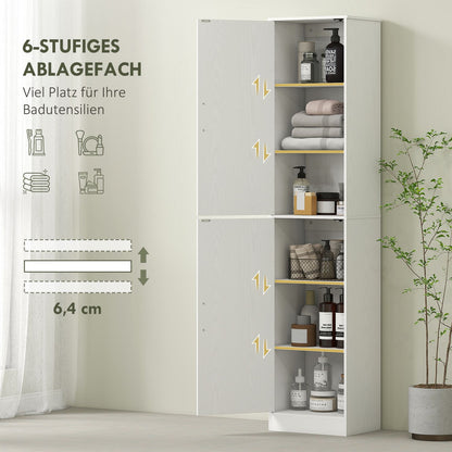  180 cm hoher Badezimmerschrank, schmaler Badschrank mit 2 Türen, 4 verstellbare Regale, Spanplatte, MDF, Weiß