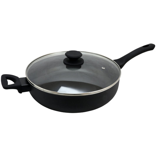 Oster Ashford 5 Quart Aluminum Saut Pan with Tempered Glass Lid in Black