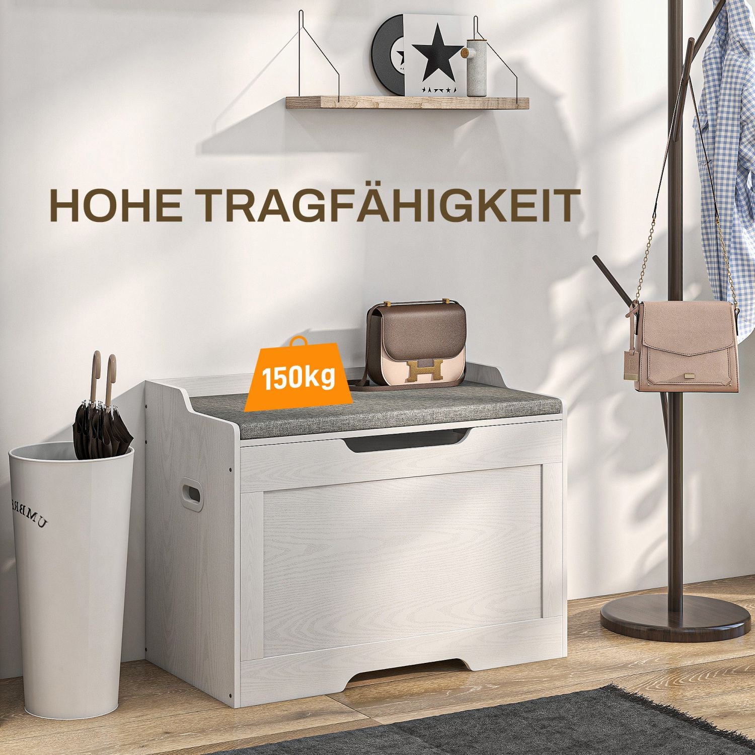  103 Liter Aufbewahrungstruhe, Stauraum-Sitzbank mit Sicherheitsscharnier, Sitzkissen, für verschiedene Zimmer, Weiß