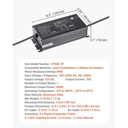 Marine Battery Charger, 1-Bank, 10A 12V Onboard Boat Charger, IP68 Waterproof Smart On-Board Battery Charger, for Lithium-Ion (LiFePO4), NCM, Lead-Acid Batteries, Large Boat, Yacht, RV, Trailer
