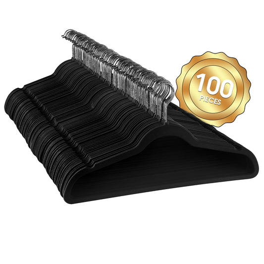 100 Piece Set of Velvet Slim Profile Heavy Duty Felt Hangers with Stainless Steel Swivel Hooks in Black