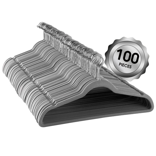 100 Piece Set of Velvet Slim Profile Heavy Duty Felt Hangers with Stainless Steel Swivel Hooks in Gray